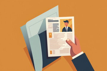 Close up of a hand holding a resume during a stylized job interview, generative ai