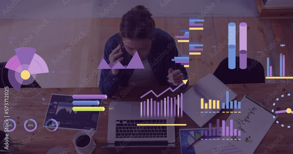 Poster animation of financial data processing over caucasian businesswoman using computer