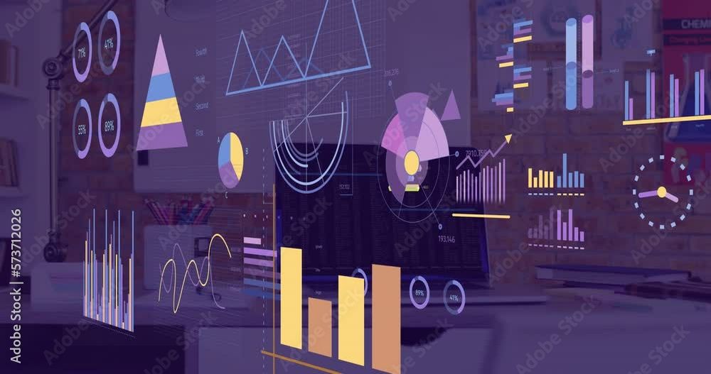 Poster animation of statistics and financial data processing over computer with blank screen