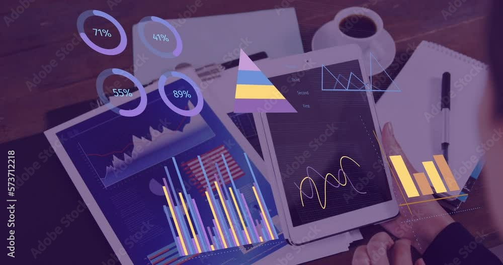 Poster animation of statistics and financial data processing over caucasian woman using tablet