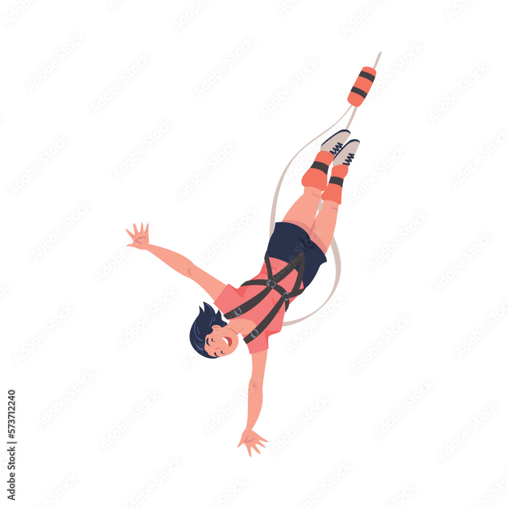 Poster bungee jumping with woman character free falling down from great height connected to elastic cord ve