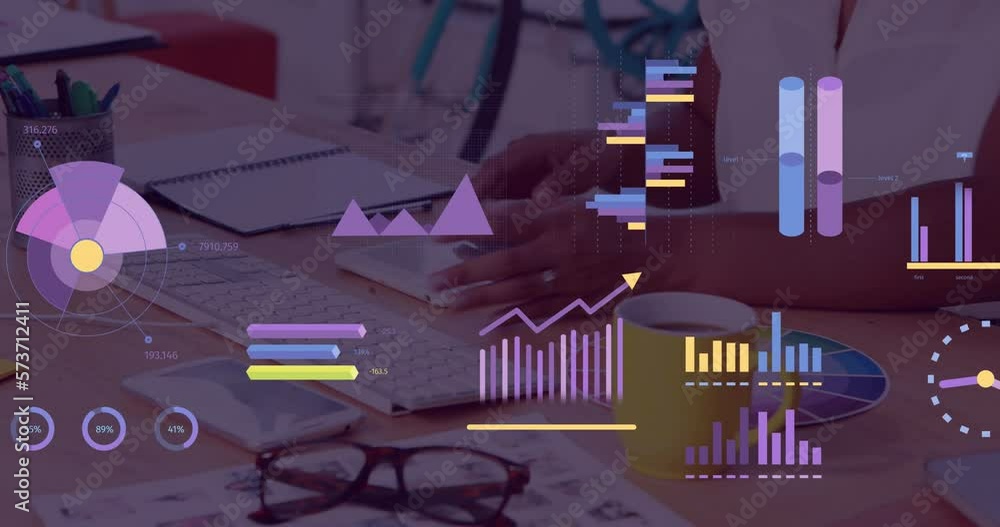 Poster animation of statistics and financial data processing over businesswoman using computer