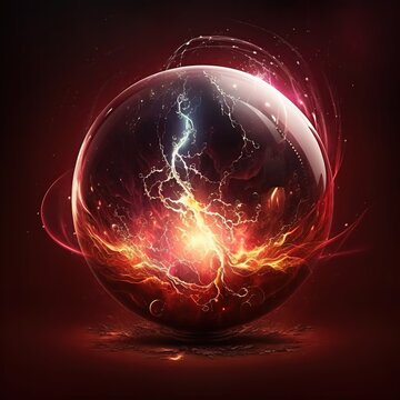 Magic sphere, energy ball with mystic glow, lightning and sparks. Generative Ai art. Color glowing orb with light effect, liquid plasma and fire. Fantasy shiny circle for game design