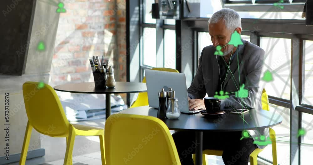 Poster animation of connections with data processing over caucasian man using laptop