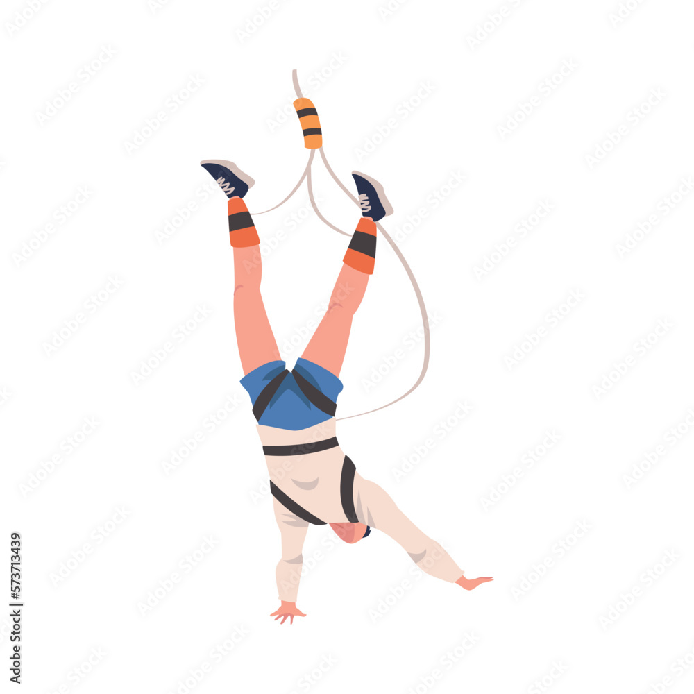 Poster bungee jumping with man character free falling down from great height connected to elastic cord vect