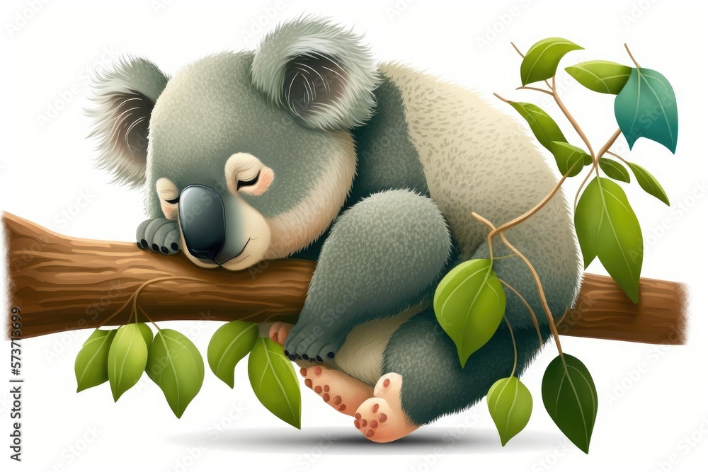 Canvas Prints illustration of a cute koala bear dozing off on a tree branch. Generative AI