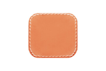 Brown leather belt strap closeup isolated on white. Brown stitched leather seam frame label tag isolated on white. Empty copy space fashion background.