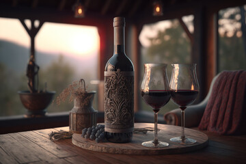 A bottle of Georgian red wine and two glasses on the veranda. Photorealistic illustration generated by AI. - obrazy, fototapety, plakaty