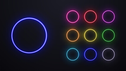 A set of neon colored bright circles on a dark background. Nine shiny rounded patterns.