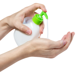 Hands with liquid soap plastic bottle cut out