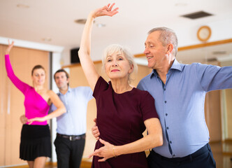 pair of elderly amateur dancers enthusiastically performs romantic paso doble dance