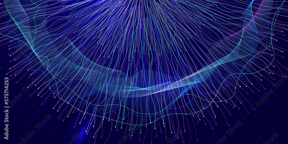 Poster data flow, neural connections, abstract design on tech blue background. image for design on theme of