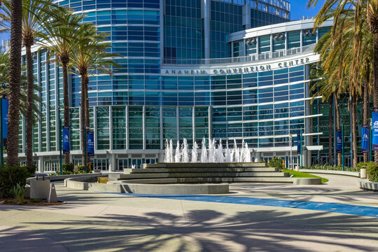 Anaheim, CA, USA &ndash; November 1, 2022: Exterior building of the Anaheim Convention Center with water fountain located in Anaheim, California. 