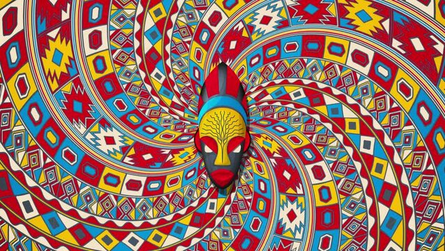 Tribal mask over a rotating spiral background, loop animation