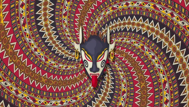 Tribal mask over a rotating spiral background, loop animation