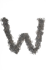 artistic isolated uppercase Letter w made from steel staples isolated on a white background write, font, type style, barbed wire staple