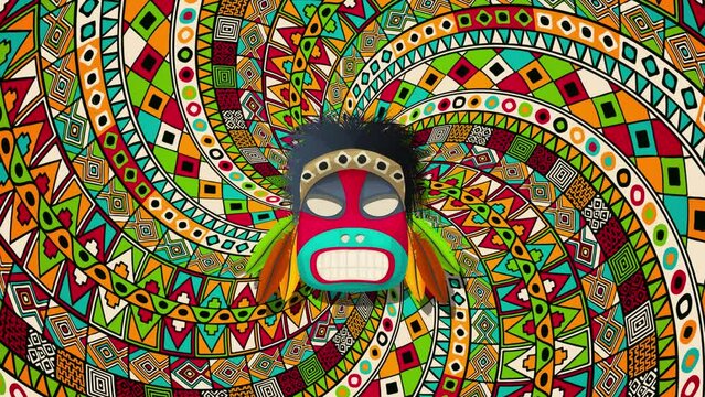 Tribal mask over a rotating spiral background, loop animation