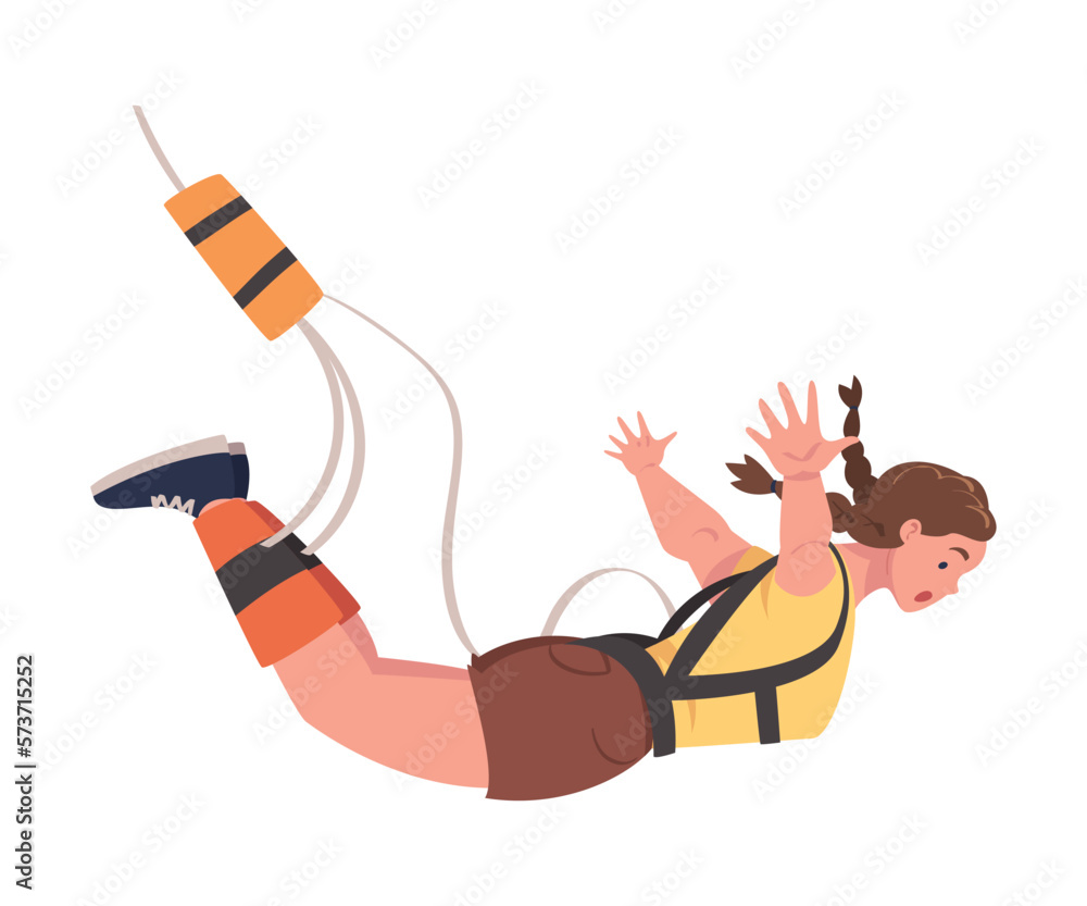 Poster bungee jumping with woman character free falling down from great height connected to elastic cord ve