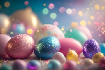 3D Realistic, Pastel holographic Easter eggs on colorful background