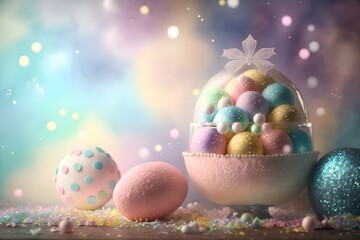 Fototapeta na wymiar 3D Realistic, Pastel holographic Easter eggs on colorful background