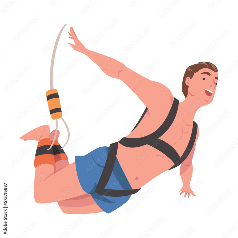 Poster bungee jumping with man character free falling down from great height connected to elastic cord vect