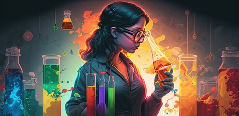 Fototapeta premium female scientist working in laboratory surrounded by test tubes and beakers filled with colorful liquids, concept of Experimentation and Investigation, created with Generative AI technology