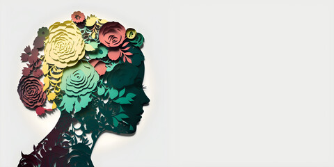 A silhouette of a woman's head filled with intricately designed roses in various sizes and colors