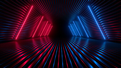 Fototapeta premium Sci Fy neon glowing lines in a dark tunnel. Reflections on the floor and ceiling. 3d rendering image. Abstract glowing lines. Techology futuristic background.