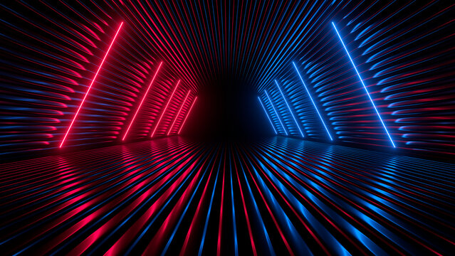 Sci Fy neon glowing lines in a dark tunnel. Reflections on the floor and ceiling. 3d rendering image. Abstract glowing lines. Techology futuristic background.