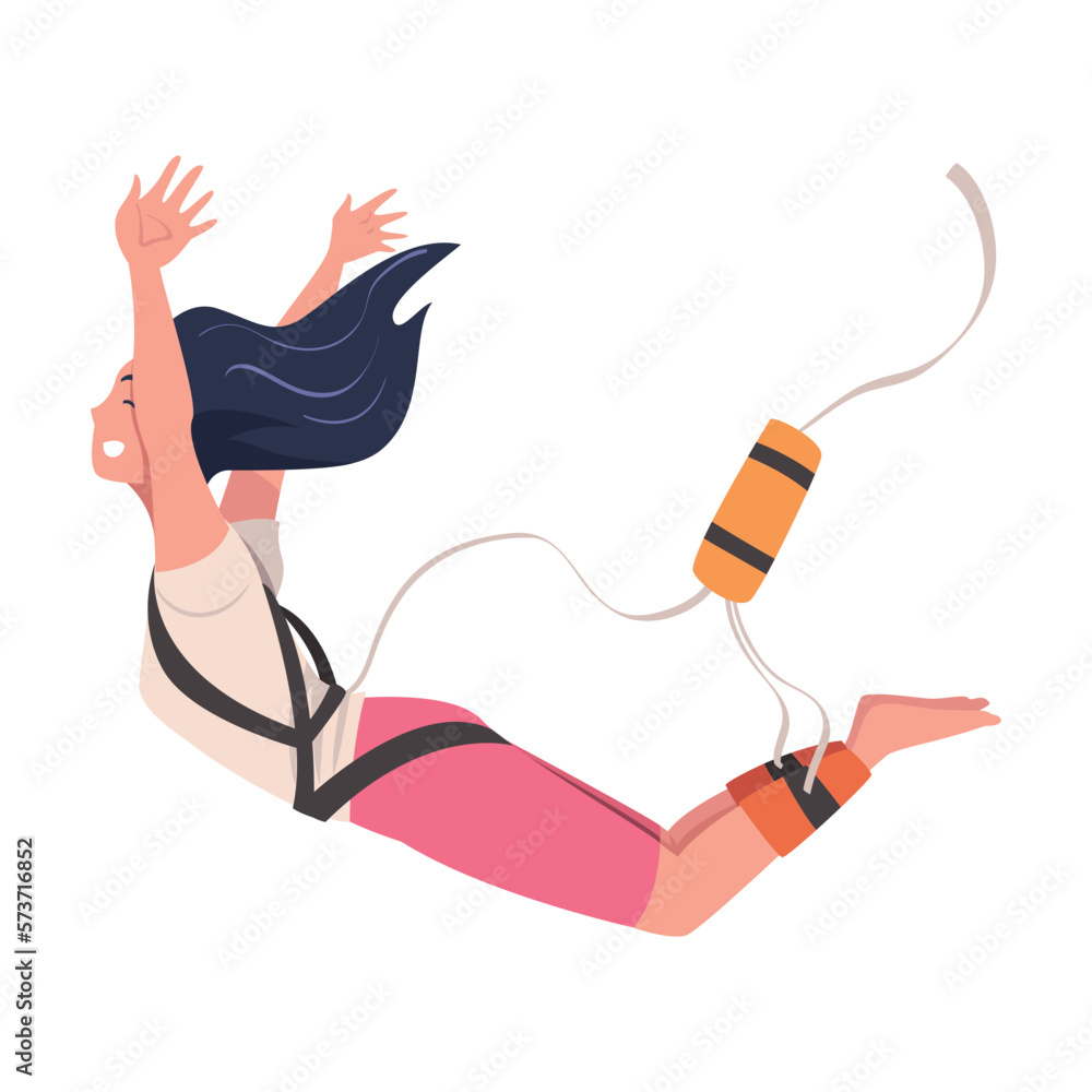 Poster bungee jumping with woman character free falling down from great height connected to elastic cord ve
