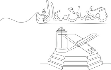 Single one line drawing ramadan kareem in arabic calligraphy greetings with quran. Ramadan concept. Continuous line draw design graphic vector illustration.