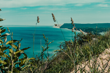 View of Lake Michigan at Sleeping Bear Dunes National Lakeshore from Empire Bluff Overlook in Honor, Michigan.
