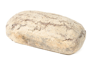 Baked rye flour bread in the shape of a brick on a white isolated background