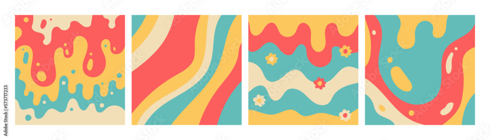 Poster groovy waves psychedelic curved vector backgrounds set. trendy y2k backdrop textute. funky retro wal