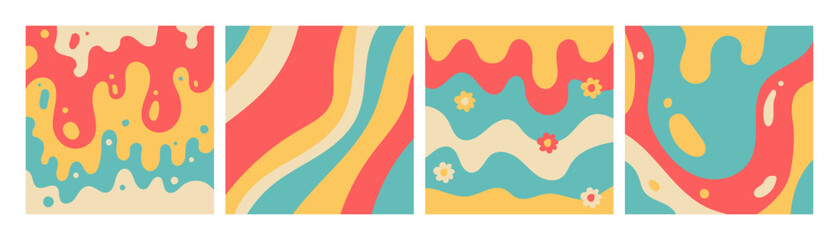 Obraz premium Groovy Waves Psychedelic Curved Vector Backgrounds set. Trendy Y2k Backdrop Textute. Funky Retro Wallpaper. Hand drawn linear vector illustration. Hippie Retro Style for Web Design and Social Media