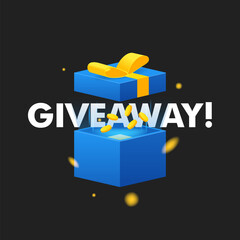 Giveaway word above open box with light explosion and golden coins inside on black background illustration poster template. Give away text and giftbox isolated vector object