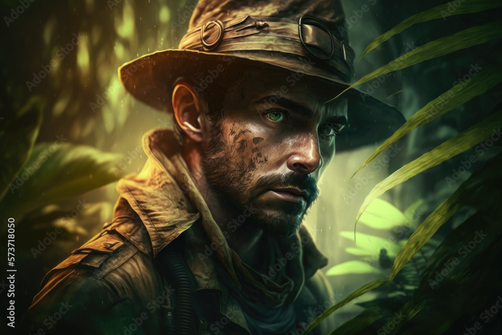 Wall mural jungle explorer close up in a busy jungle – generative ai