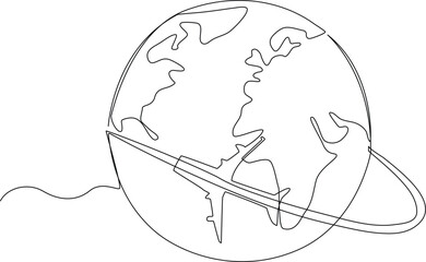 Continuous one line drawing Plane and globe. World traveler Concept. Single line draw design vector graphic illustration.