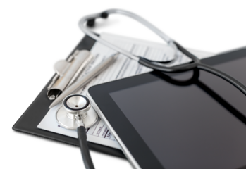 Digital tablet with stethoscope and clipboard