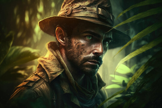 Jungle explorer close up in a busy jungle &ndash; Generative AI
