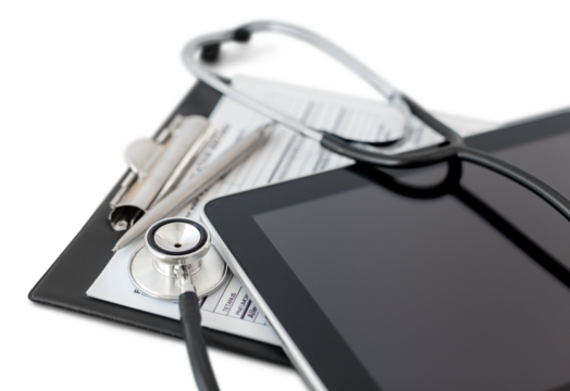 Digital tablet with stethoscope and clipboard - Powered by Adobe