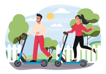 Walk on scooters. Man and woman outdoors in city park. Active lifestyle and travel, weekend leisure activity. People driving electric scooters, eco transport. Cartoon flat vector illustration