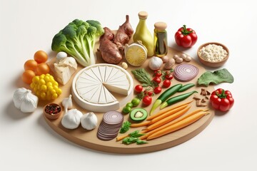 Food for a healthy diet, including a variety of fresh vegetables and meats, laid out on a wooden table. Perspective from on high. Generative AI