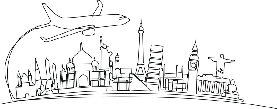 Continuous one line drawing air plane with famous world landmarks. World traveler Concept. Single line draw design vector graphic illustration.