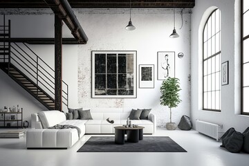 Modern minimalistic industrial style living room, with stairs, couch and house plant, generative AI