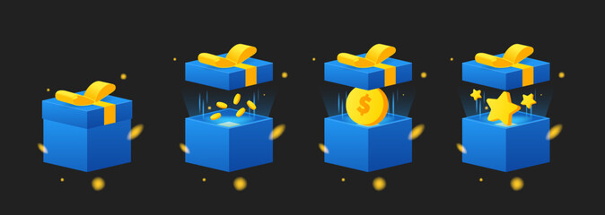 Cartoon pen box with light explosion set. Box with golden coins, stars inside on black background. Give away giftbox isolated vector object