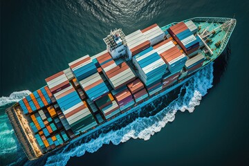 Container ship loaded with containers in middle of the sea. Generative AI