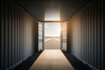 Looking through a shipping container, doors open. Generative AI