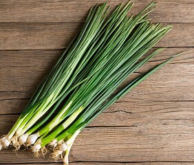 fresh green onion on wooden background