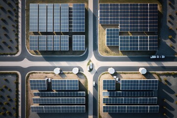 Array (farm) of solar panels, top down view. Generative AI